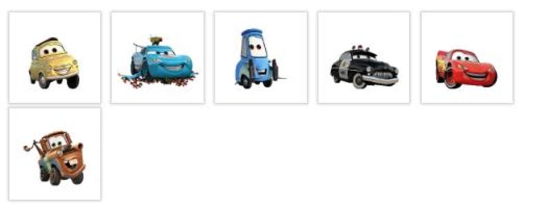 Puede incluir: Colecci&oacute;n de personajes de coches de dibujos animados, incluyendo un Fiat 500 amarillo, un coche de carreras azul con aler&oacute;n, un coche azul con carretilla elevadora, un coche de polic&iacute;a en blanco y negro, un coche de carreras rojo y una gr&uacute;a marr&oacute;n.