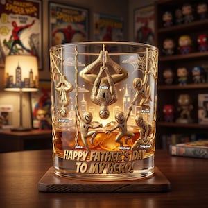 May include: A clear glass tumbler filled with amber liquid and ice cubes, featuring gold-colored Spider-Man figures and web designs. The glass includes the text "HAPPY FATHER'S DAY TO MY HERO!" and names "Daddy," "Andrew," "Anna," "Michael," "Sophia," and "Kevin."