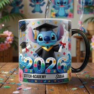 May include: A ceramic mug with a black handle featuring a blue character wearing a black graduation cap and gown, holding a diploma. The design includes the text 2026, STITCH-ACADEMY, and Stitch, surrounded by colorful tropical flowers, stars, and confetti.