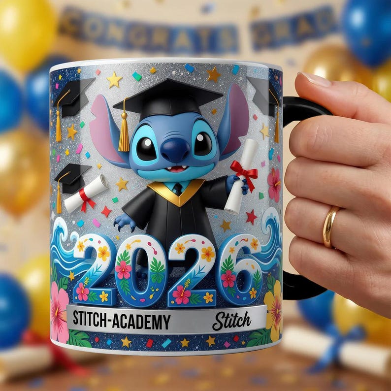 May include: A ceramic mug featuring a blue character wearing a black graduation cap and gown, holding a diploma. The design includes the year 2026 in large blue numbers, colorful hibiscus flowers, stars, and the text Stitch-Academy and Stitch.