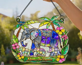 Atrapasueños de elefante para mamá y abuela, colgante acrílico personalizado para ventana, regalo para el Día de la Madre, nombres personalizados para niños, decoración de elefante