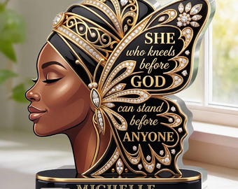 She Who Kneels Before God Butterfly - Personalized Custom Shaped Acrylic 2D Flat Plaque, Black Women Block, American African Women Block