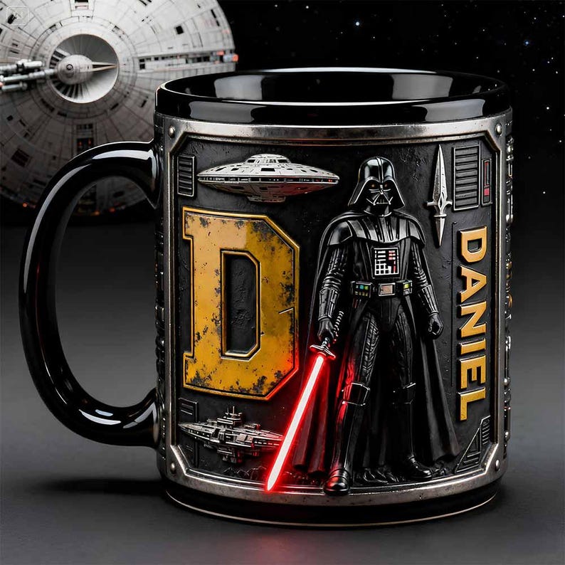May include: Black ceramic mug featuring Darth Vader with a red lightsaber. The mug has a raised design with the letter "D" in yellow and the name "DANIEL" in gold. A Death Star is in the background.