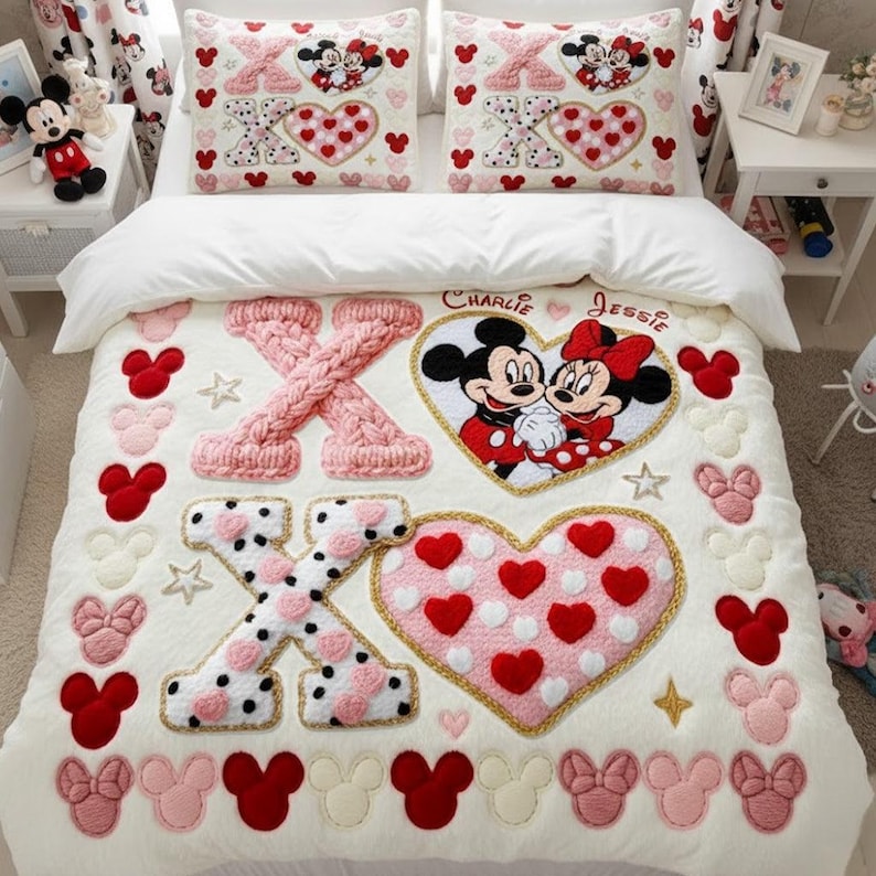 Puede incluir: Un edred&oacute;n blanco con detalles en rosa y rojo, con Mickey y Minnie Mouse. El dise&ntilde;o incluye grandes X rosas, corazones y siluetas de Mickey Mouse. Dos almohadas y cortinas a juego completan el conjunto.