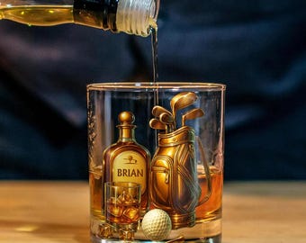 Vaso de whisky plano 2D personalizado para amantes del golf y el whisky, regalo para papá o abuelo, regalo de golf personalizado para papá de parte de sus hijos, regalo de golf para el Día del Padre