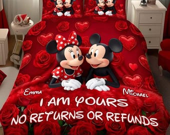Juego de cama con edredón personalizado de Disney para pareja, manta y fundas de almohada de San Valentín de Mickey y Minnie de Disney, regalo para amantes de Mickey, él y ella