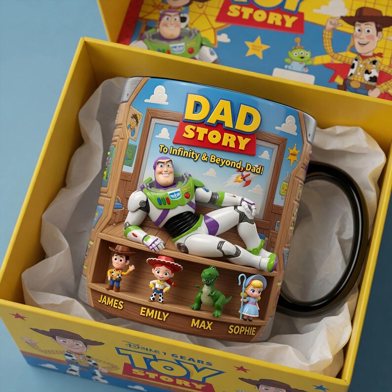 May include: A ceramic mug featuring Buzz Lightyear from Toy Story, with the words "DAD STORY" and "To Infinity & Beyond, Dad!". The mug includes miniature figurines of other characters and comes in a yellow box with Toy Story graphics.
