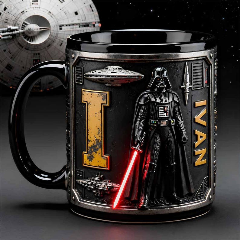 May include: Black ceramic mug featuring Darth Vader with a red lightsaber, the letter "I", and the name "IVAN" in gold lettering. The mug has a detailed, embossed design with a Star Wars theme, including spaceship imagery.