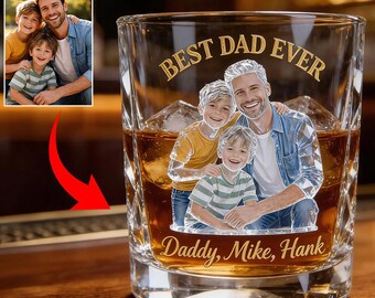 Vaso de whisky personalizado con foto, El mejor papá del mundo, Foto de papá con sus hijos, Regalo único para el Día del Padre, Vaso de whisky personalizado Est. 2026