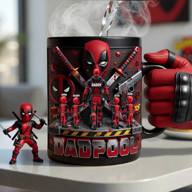 Puede incluir: Taza de cer&aacute;mica negra con tem&aacute;tica de Deadpool, con la palabra "DADPOOL". La taza tiene un dise&ntilde;o rojo y negro con im&aacute;genes de Deadpool, incluyendo una figura y los nombres "Anna", "Daddy", "Jessi" y "John". Una peque&ntilde;a figura de Deadpool est&aacute; al lado de la taza.