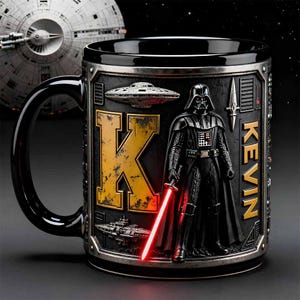May include: Black ceramic mug featuring Darth Vader with a red lightsaber, the letter "K", and the name "KEVIN" in gold lettering. The mug has a detailed, embossed design with Star Wars imagery.