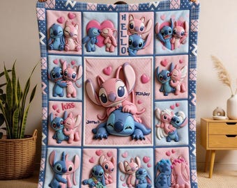 Personalized Stitch Angel Blanket Stitch Angel 3D Effect Fleece Blanket Stitch And Angel Birthday Gifts Valentine Gifts For Couples Blanket