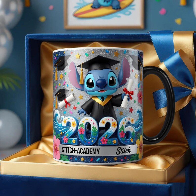 May include: A white ceramic mug with a black handle featuring a blue character wearing a graduation cap and gown, holding a diploma. The design includes the text 2026, STITCH-ACADEMY, and Stitch, surrounded by graduation caps, stars, and tropical flowers.
