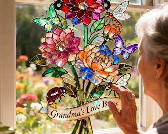 Atrapasueños acrílico personalizado con diseño de insectos del amor de la abuela, regalo floral personalizado para la abuela.