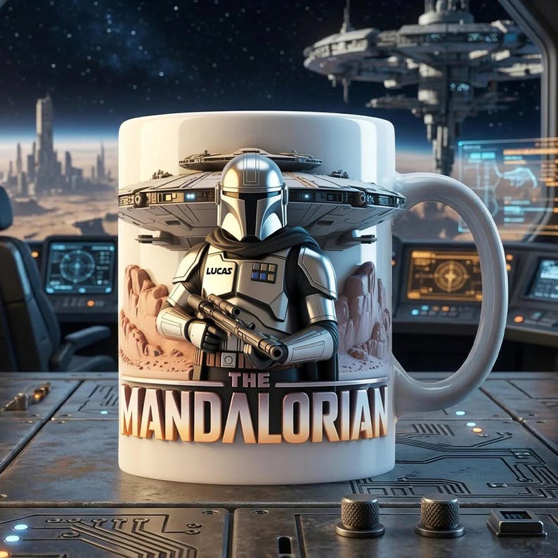 May include: White ceramic mug featuring a detailed illustration of The Mandalorian holding a blaster, with a spaceship and desert landscape backdrop. The mug has the text "THE MANDALORIAN" in gold lettering.