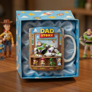 May include: A ceramic mug with a white handle, featuring a "Dad Story" design with Buzz Lightyear and other Toy Story characters. The mug is presented in a blue gift box with a star and rocket ship pattern.