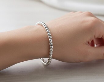 Pulseira de prata esterlina 925 sólida, contas redondas de 3 mm, pulseira de prata esterlina 925, presente para homens/mulheres