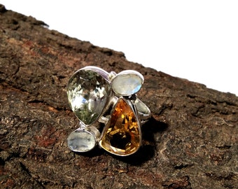 Green Amethyst, Citrine & Rainbow Moonstone Rings, Solid 925 Sterling Silver Jewelry, Multi Natural Gemstone Ring, Handmade Jewelry