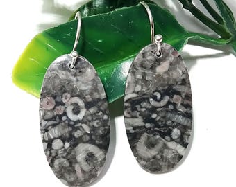 Pendientes de fósil de crinoideo en plata de ley 925: joyas con piedras preciosas naturales