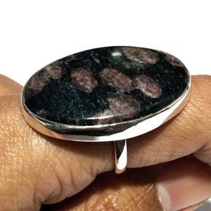 Könnte beinhalten: Ovale Ring mit einem dunklen Stein mit maroon- und schwarzen Mustern. Der Ring hat ein silbernes Band und eine silberne Fassung. Der Stein ist etwa 3,8 cm lang und 2,5 cm breit.