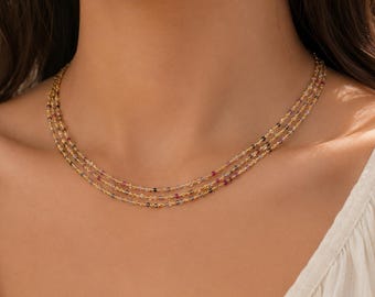 Multi Sapphire Gemstone Chain Necklace With 925 Silver Gold Plated, Women's Statement Wedding Necklace