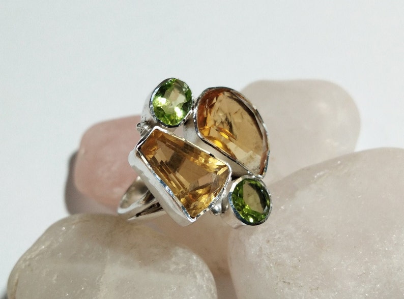 Citrine Faceted /& Peridot Faceted Rings For Girls Women. Natural Gemstone Handmade Jewelry 925 Sterling Silver Ring