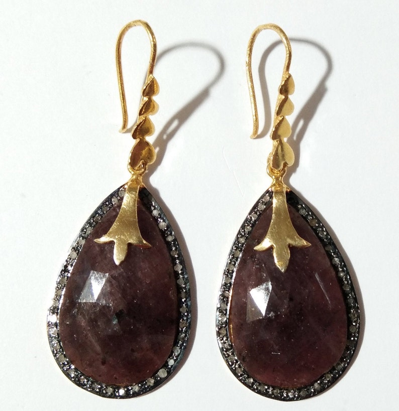 Precious Stone Handmade Earrings. Pave Diamond Earrings 925 Sterling Silver Jewelry Rose Cut Diamond- Pink Sapphire Dangle Earrings