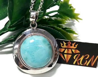 Natural Larimar Pendant: 925 Sterling Silver Pendant Chain Necklace