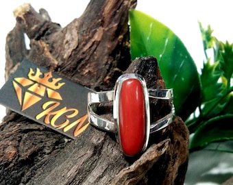 Natural Italian Red Coral Ring, 925 Sterling Silver, Oval Stone