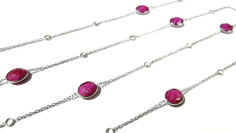 Handmade Bezel Necklace 40 Inches Length. Ruby Necklace in 925 Sterling Silver With Zircon Polky Necklace