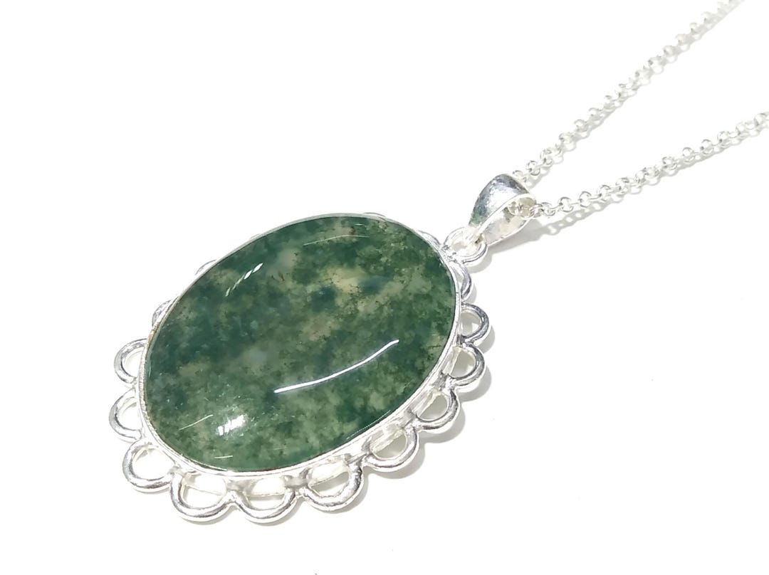 Pendentif Vintage En Argent 925 - Pierre D'agate Naturelle Ovale - Style Déesse Tressée - Longueur 30 Pouces