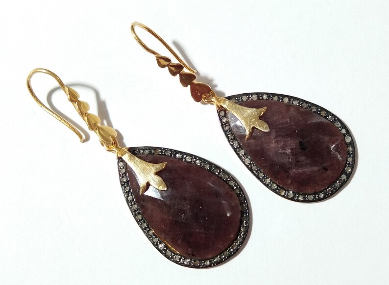 Precious Stone Handmade Earrings. Pave Diamond Earrings 925 Sterling Silver Jewelry Rose Cut Diamond- Pink Sapphire Dangle Earrings