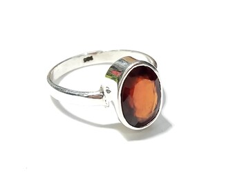 Natural Hessonite Gemstone Ring: 925 Sterling Silver, Faceted Oval Cut (8x11 mm)