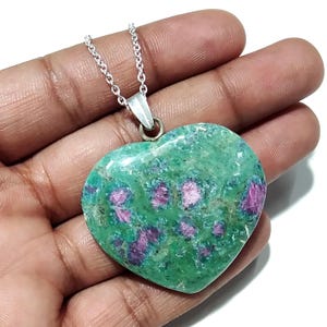 Ruby Fuchsite Heart Pendant Necklace, Heart Shape Gemstone Pendants, Sterling Silver Necklaces for Women