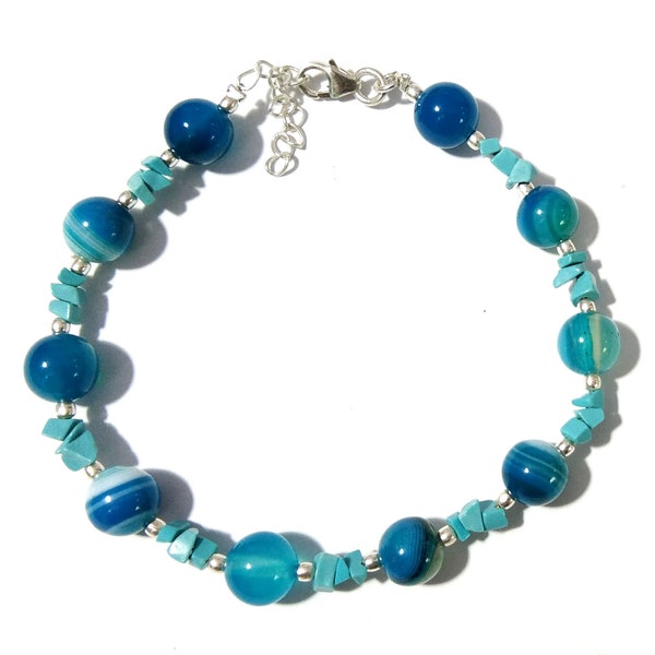 Bracelet perlé en cristal de guérison en dentelle bleue et turquoise, pierre précieuse naturelle avec bijoux en argent 925