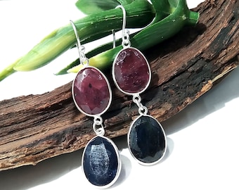 Ruby and Sapphire Sterling Silver Earrings: 925 Gemstone Dangle Earrings