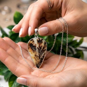 Puede incluir: Un collar con colgante en forma de lágrima que presenta una piedra de ágata dendrítica con inclusiones de color marrón oscuro similares a helechos, engastada en un marco de plata pulida y suspendida de una delicada cadena de plata.