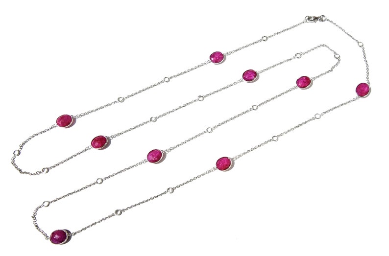 Handmade Bezel Necklace 40 Inches Length. Ruby Necklace in 925 Sterling Silver With Zircon Polky Necklace