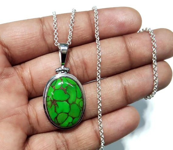 Green Copper Turquoise Pendant Necklace: Oval Sterling Silver, Handmade