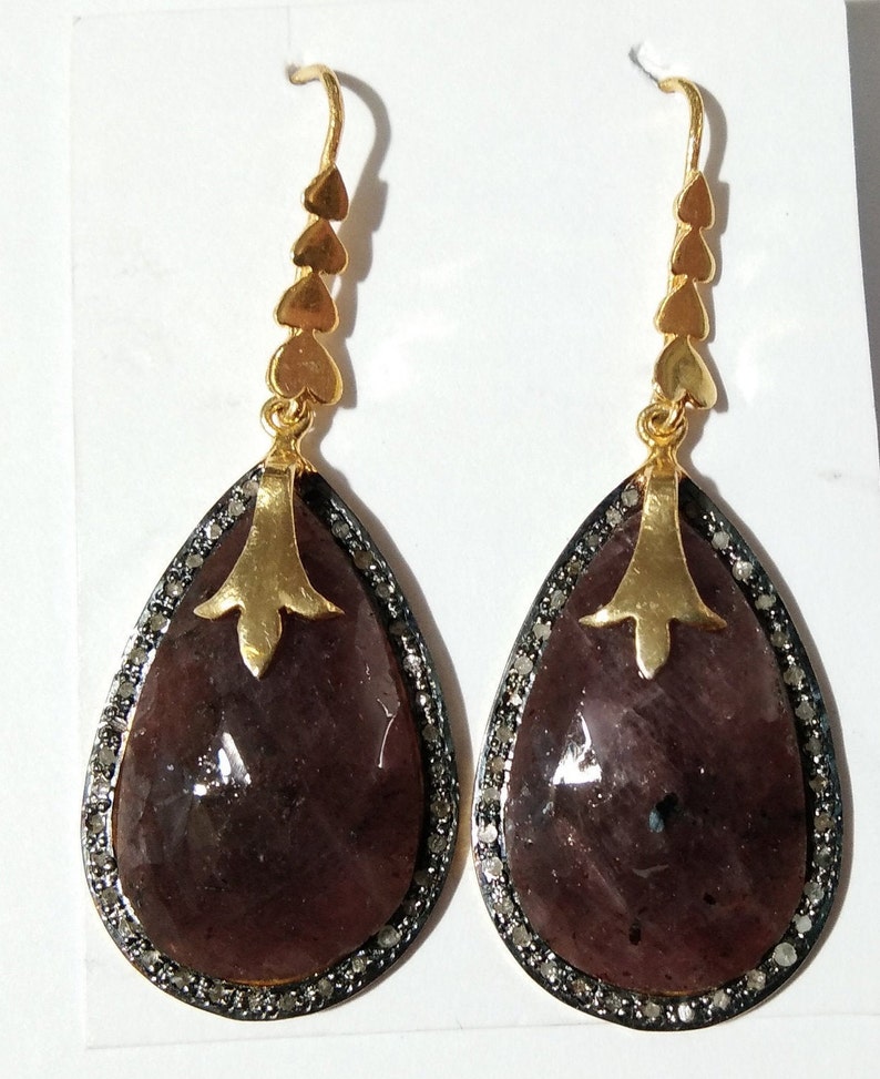 Precious Stone Handmade Earrings. Pave Diamond Earrings 925 Sterling Silver Jewelry Rose Cut Diamond- Pink Sapphire Dangle Earrings