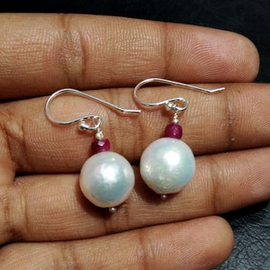 Handmade South Sea Pearl & Ruby Earrings, 925 Sterling Silver