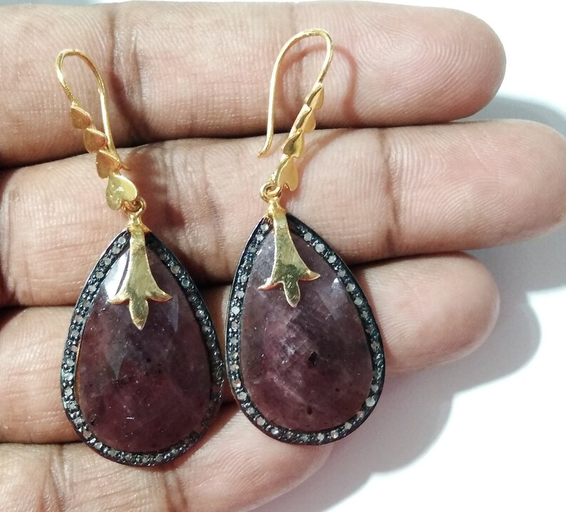 Precious Stone Handmade Earrings. Pave Diamond Earrings 925 Sterling Silver Jewelry Rose Cut Diamond- Pink Sapphire Dangle Earrings