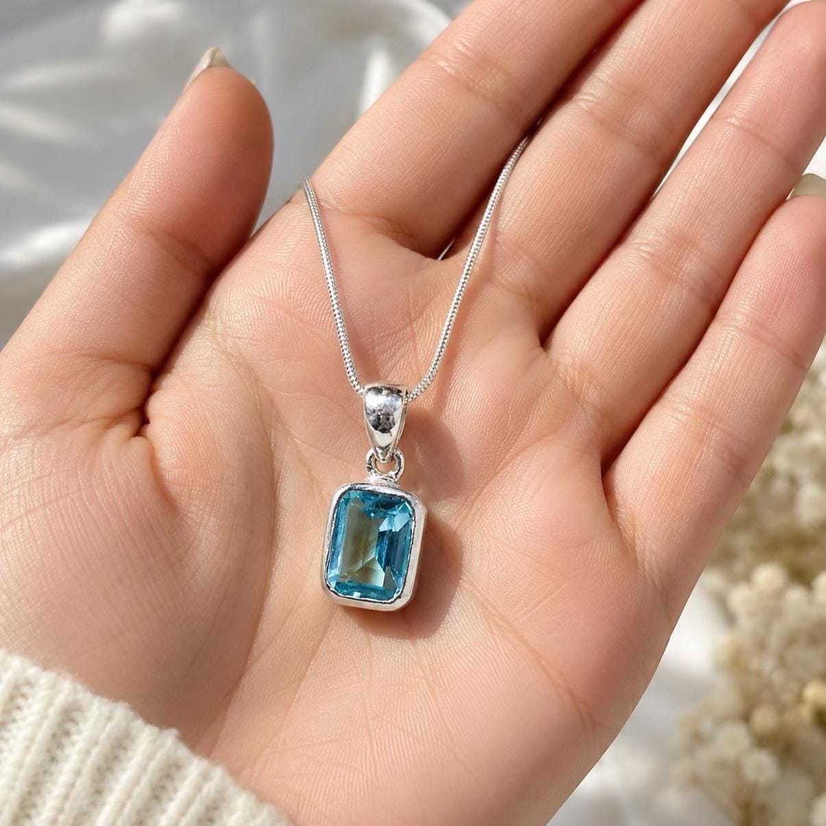 Natural Blue Topaz Pendant Necklace in 925 Sterling Silver, Sky-Blue…
