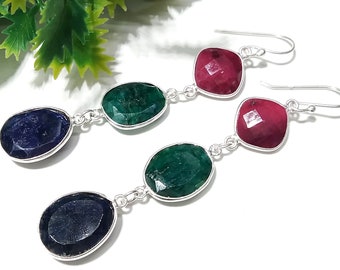 Emerald Ruby Sapphire Earrings: 925 Sterling Silver Gemstone Jewelry