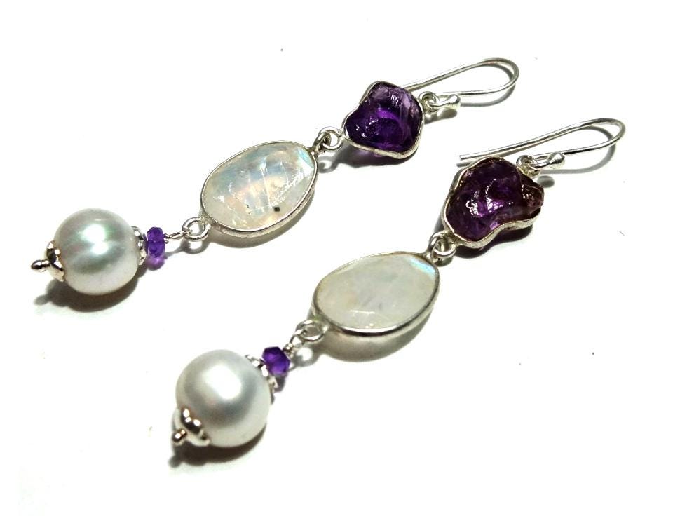 Boucles D'Oreilles En Argent 925 Avec Perles De Lune Naturelles - Fait Main, Dormeuses