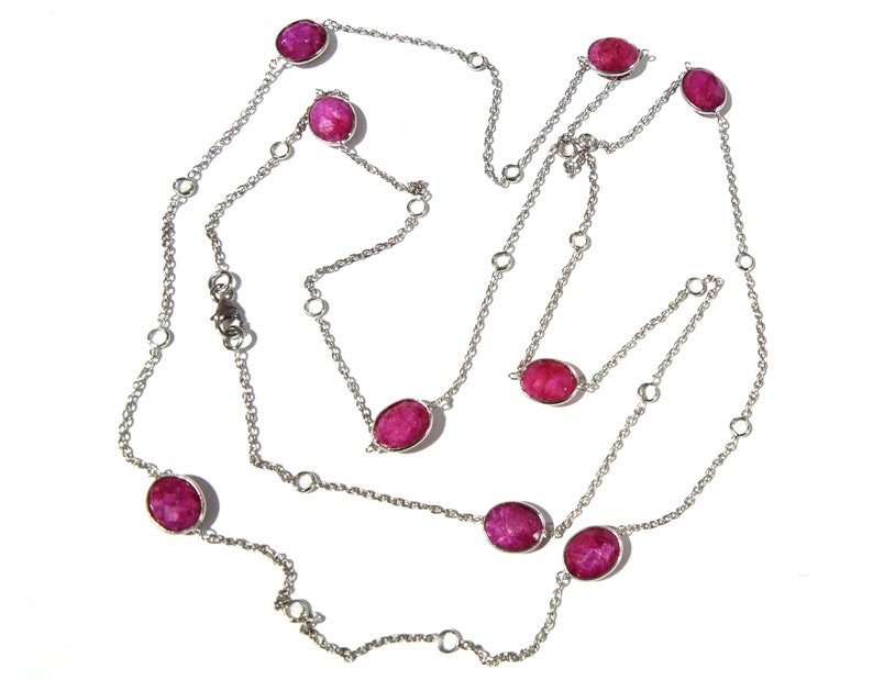 Handmade Bezel Necklace 40 Inches Length. Ruby Necklace in 925 Sterling Silver With Zircon Polky Necklace
