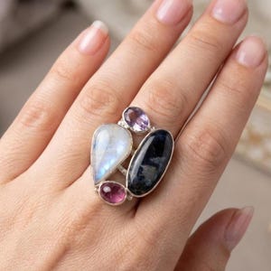 Pietersita, piedra lunar arcoíris, rubí y amatista, anillo de piedras múltiples, joyería de plata de ley 925, anillo de piedras preciosas