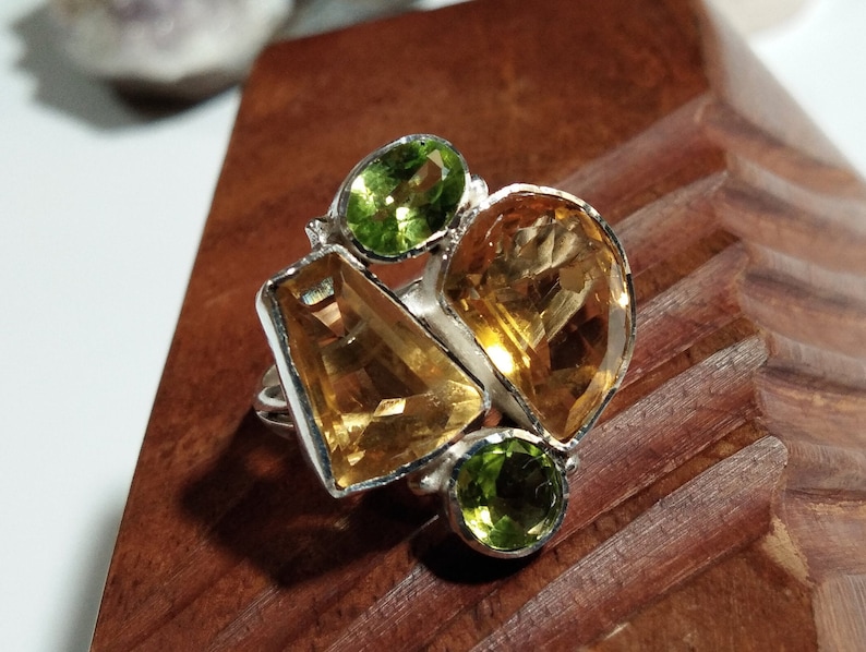 Citrine Faceted /& Peridot Faceted Rings For Girls Women. Natural Gemstone Handmade Jewelry 925 Sterling Silver Ring