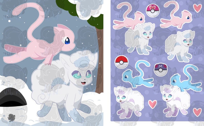 Alolan vulpix and mew print and stickers