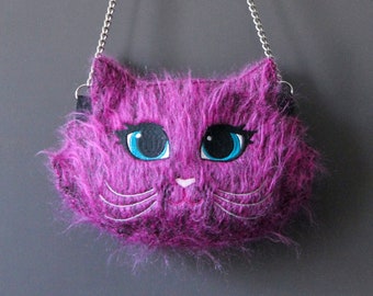 CHAC MRAOW Handbag cat head wool hair mohair long pink embroidered face eyes blue snout whiskers lined satin zip black chain metal